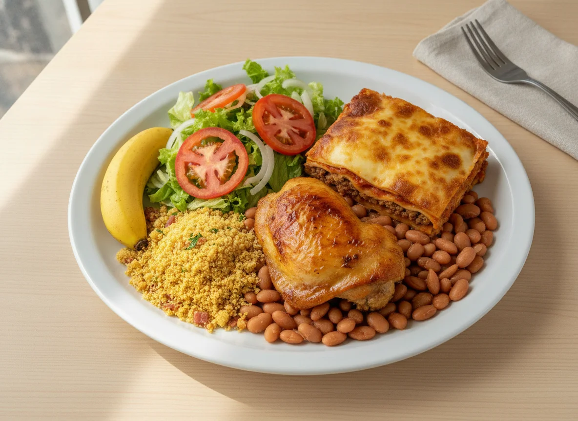 Prato Feito com Coxa de Frango, Lasanha, Feijão, Farofa, Salada e Banana photo