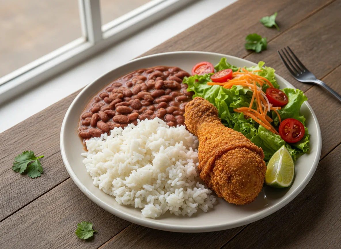 Prato feito com coxinha, arroz, feijão e salada photo