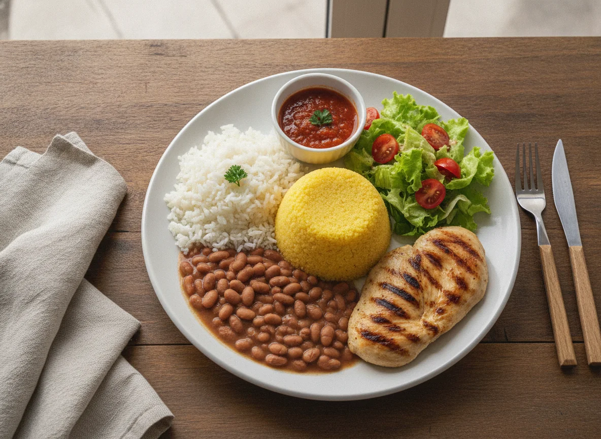 Prato Feito com Cuscuz, Arroz, Feijão e Frango photo