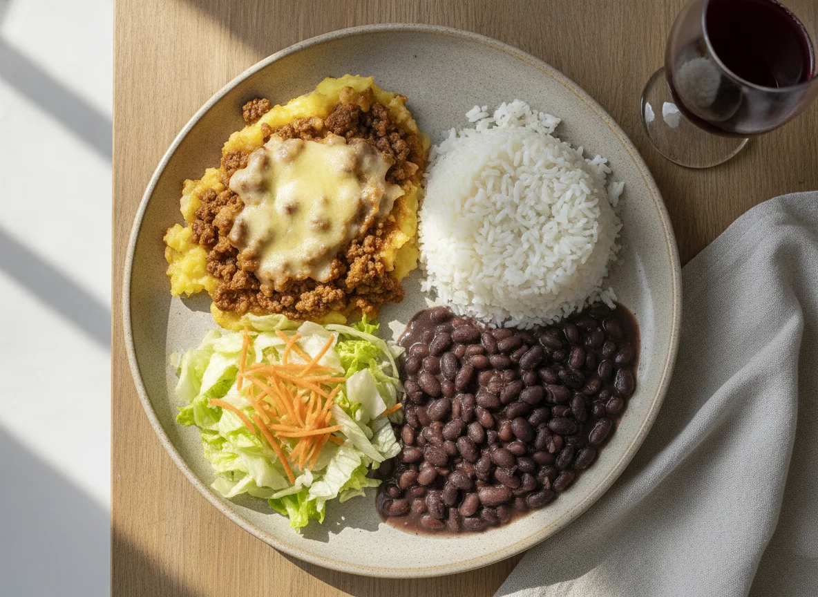 Prato Feito com Escondidinho de Carne Moída, Arroz, Feijão Preto e Salada photo