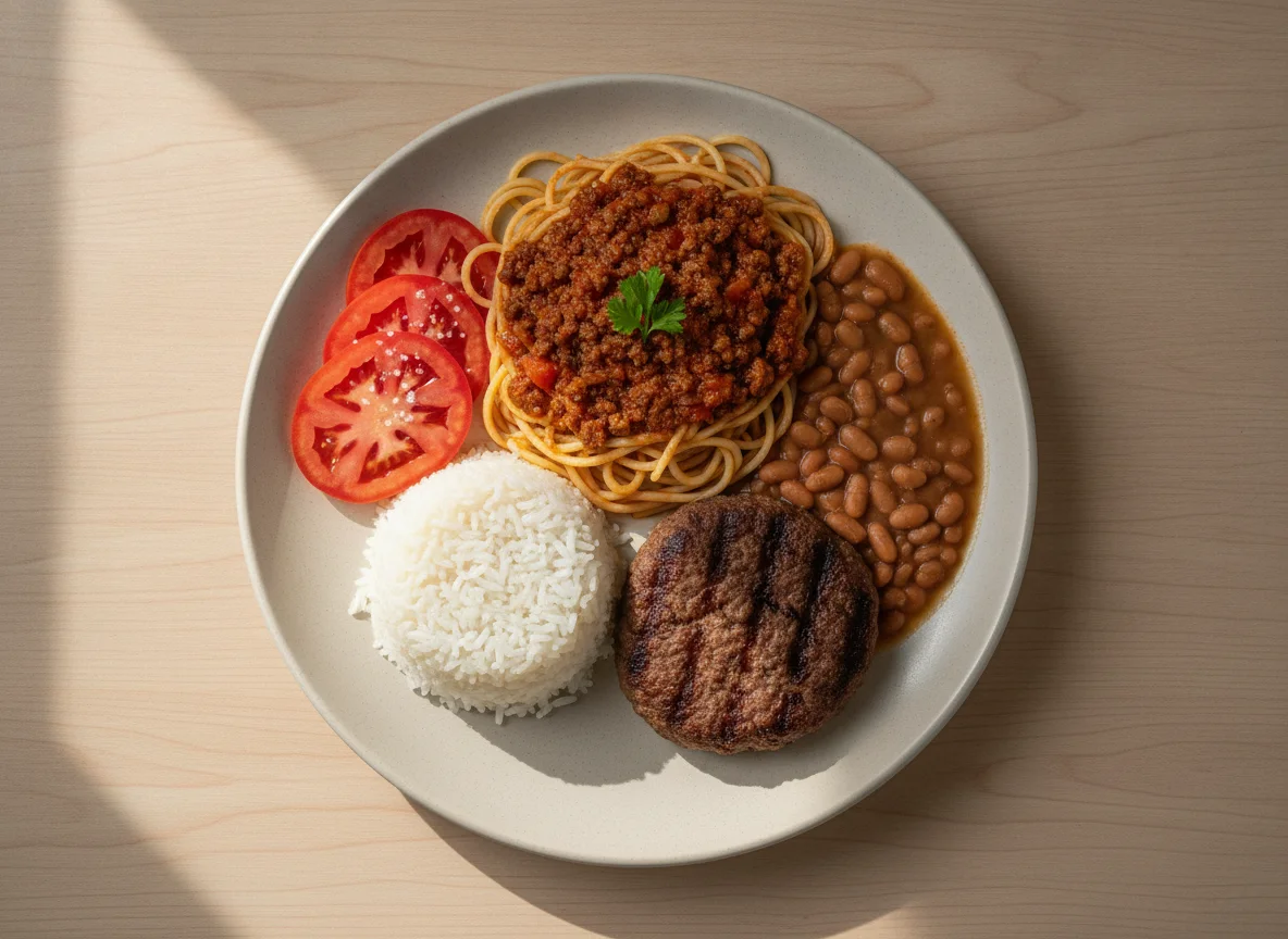 Prato Feito com Espaguete à Bolonhesa, Hambúrguer, Feijão e Tomate photo