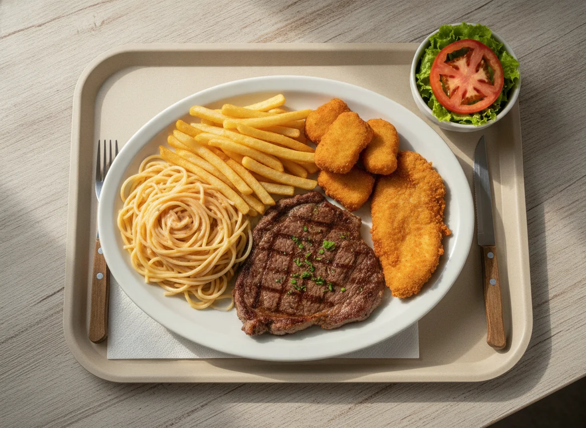 Prato feito com espaguete, batata frita, nuggets e bife photo
