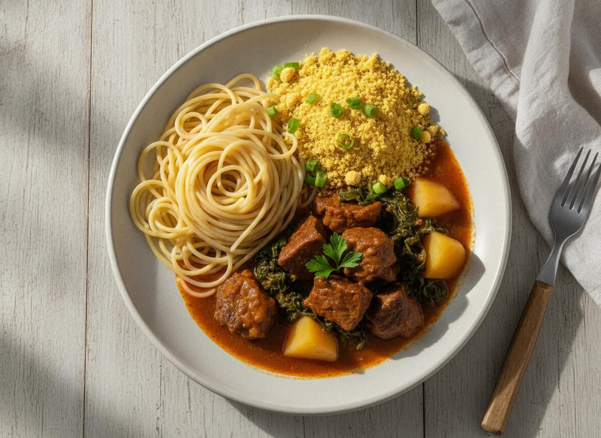 Prato feito com espaguete, farofa e ensopado de carne com legumes photo