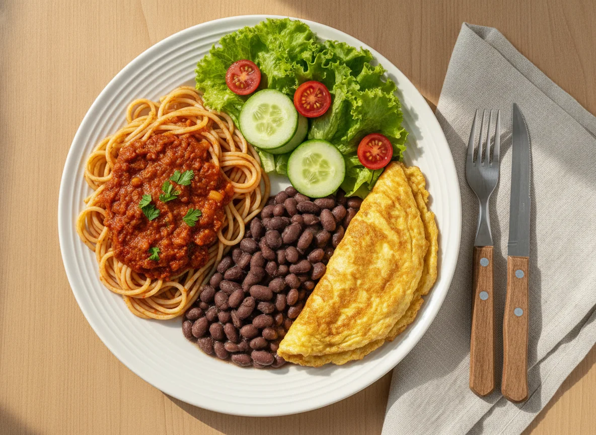 Prato feito com espaguete, feijão, omelete e salada photo