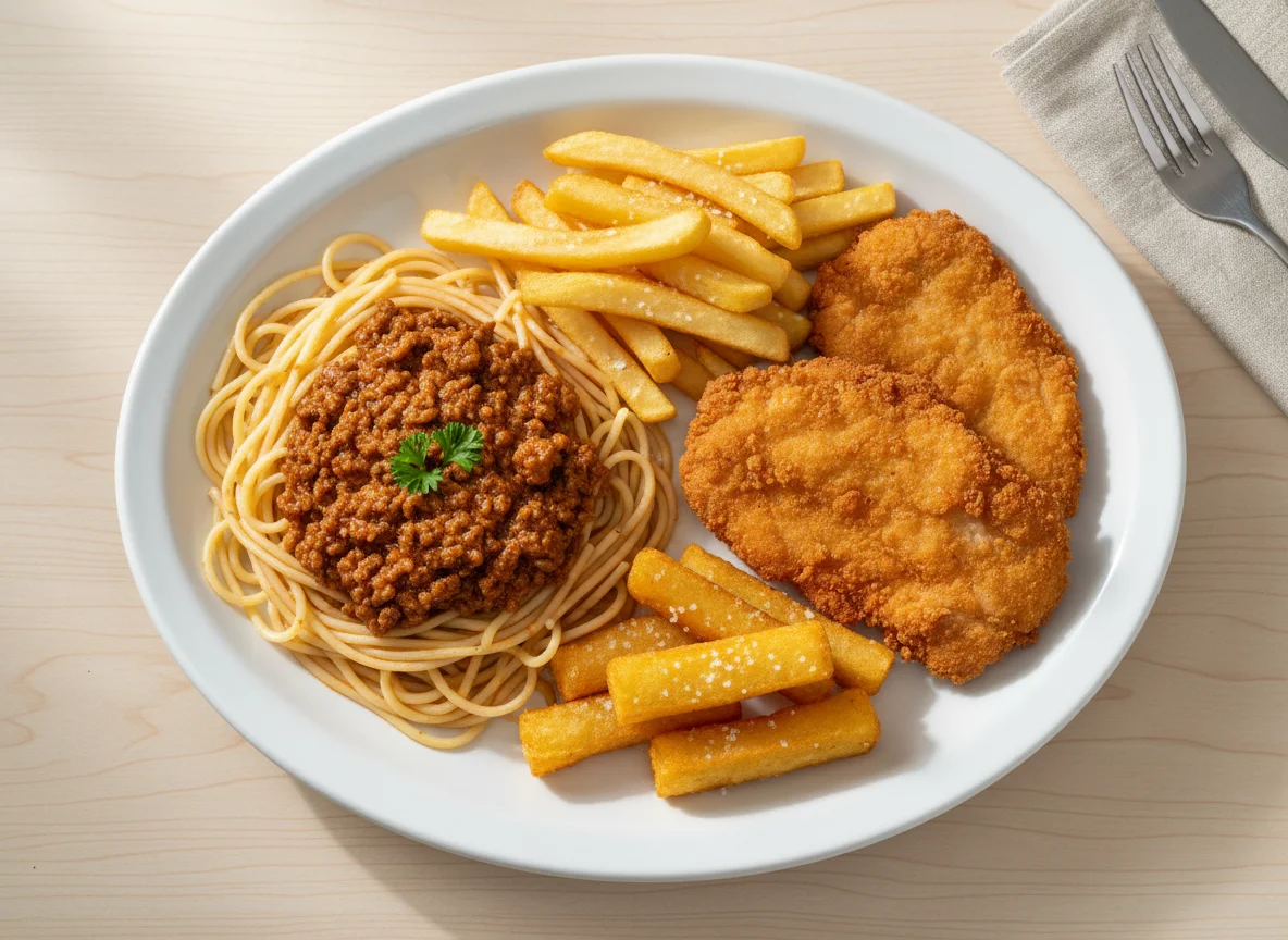Prato feito com espaguete, frango à milanesa, batata frita e polenta frita photo