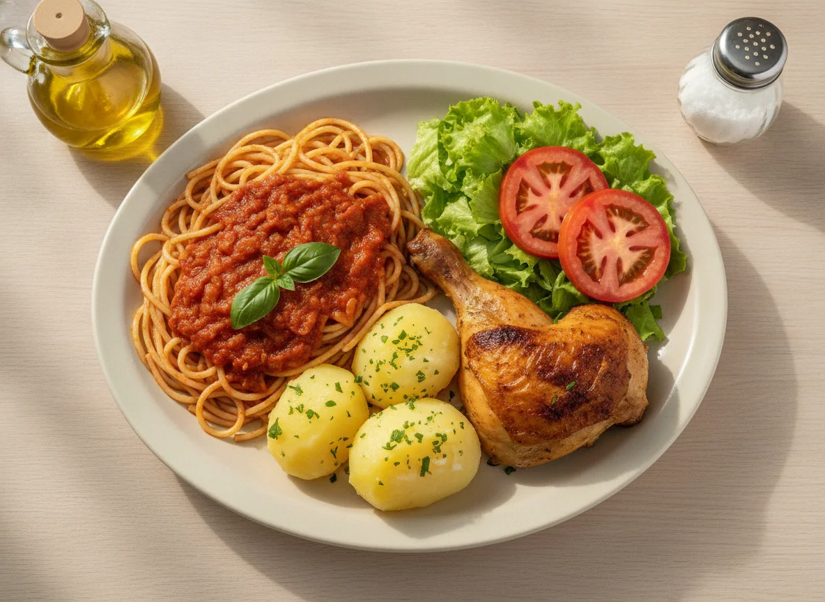 Prato feito com espaguete, frango assado, batata e salada photo