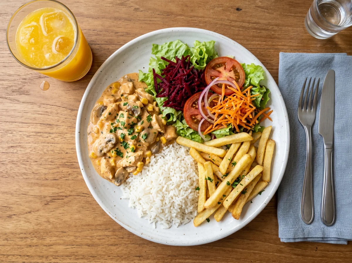 Prato feito com estrogonofe de frango, arroz, batata frita e salada photo