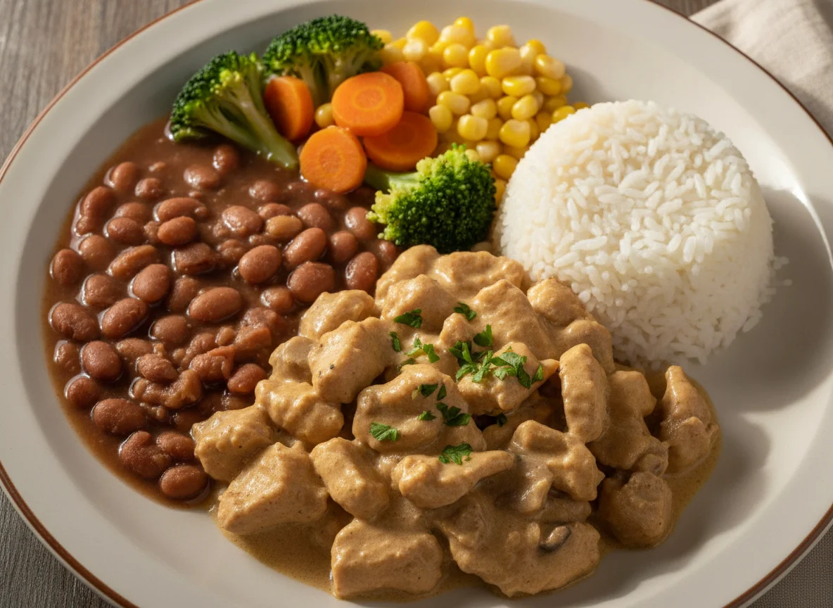 Prato feito com estrogonofe de frango, arroz, feijão e vegetais photo