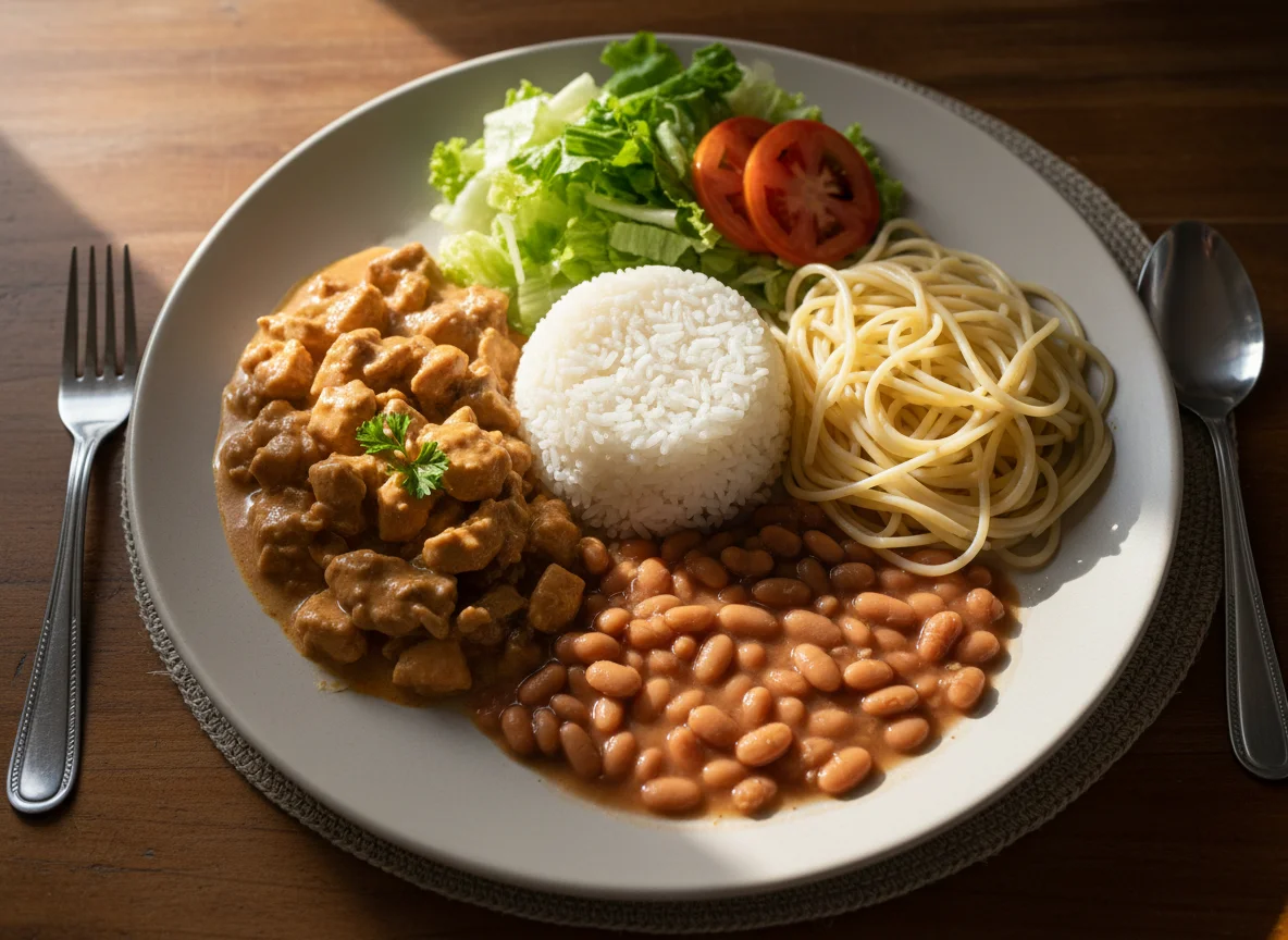 Prato feito com estrogonofe de frango, macarrão, feijão e salada photo