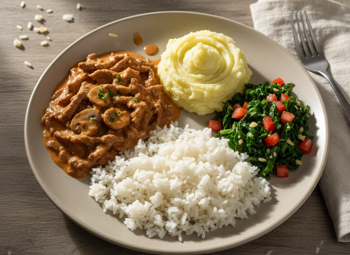 Prato feito com estrogonofe, purê de batata, arroz e salada photo