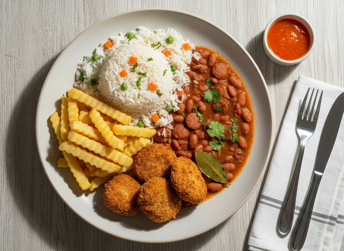 Prato feito com feijão, arroz, batata frita e bolinho de peixe photo