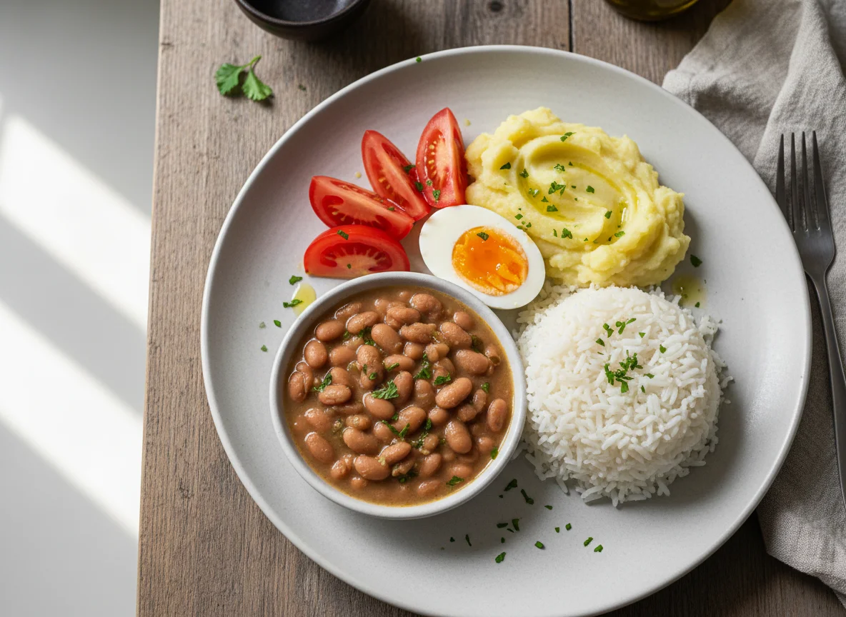 Prato feito com feijão, arroz, batata, ovo e tomate photo