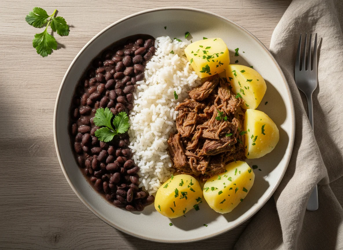 Prato feito com feijão, arroz, carne e batata photo
