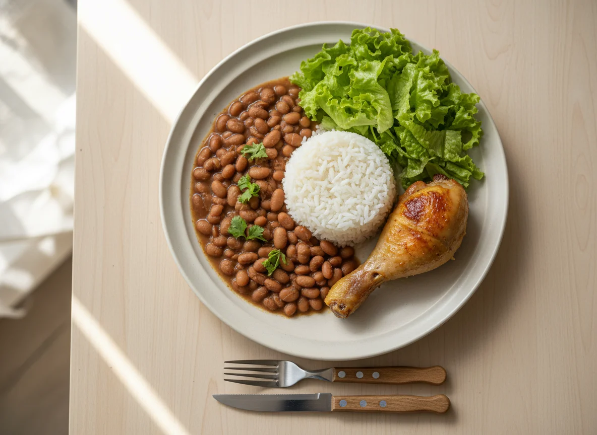 Prato feito com feijão, arroz, frango e salada photo