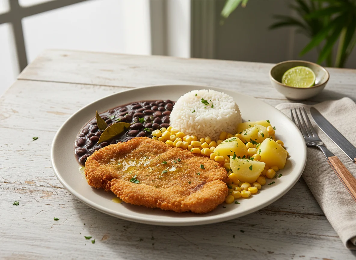 Prato feito com feijão, arroz, milho, batata e bife à milanesa photo