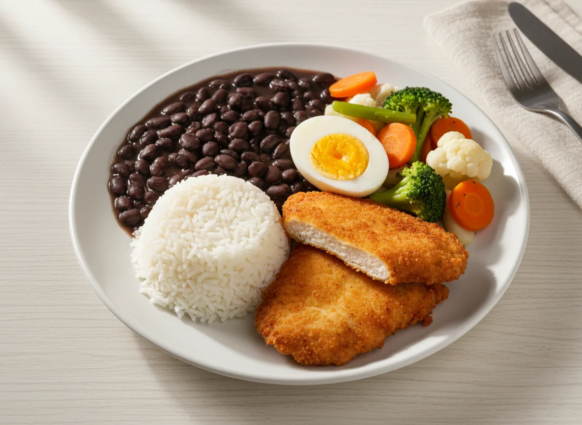 Prato feito com feijão, arroz, vegetais, ovo e empanado photo