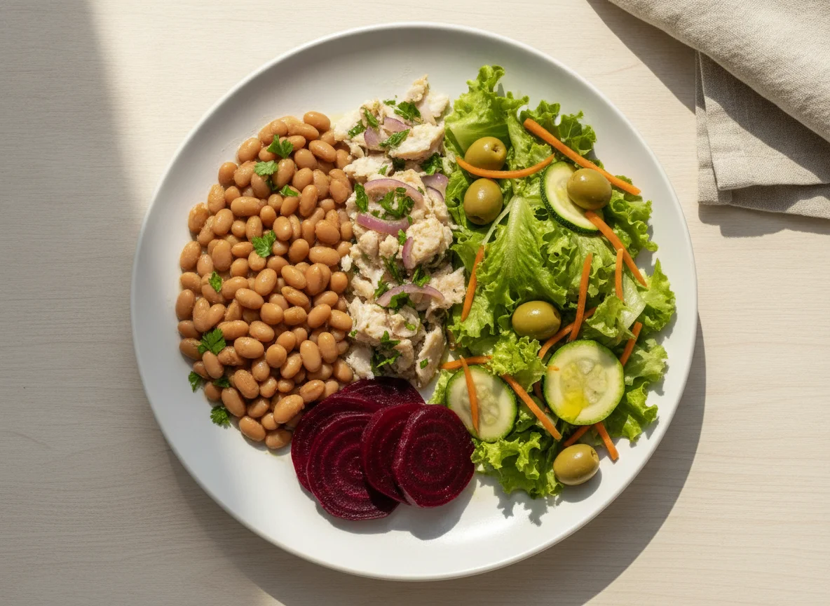 Prato feito com feijão, bacalhau desfiado, beterraba e salada photo