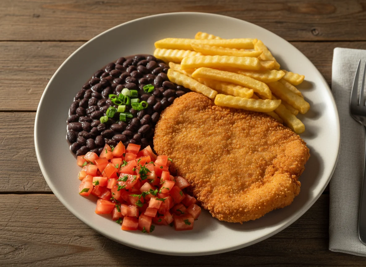 Prato feito com feijão, bife à milanesa, batata frita e tomate photo