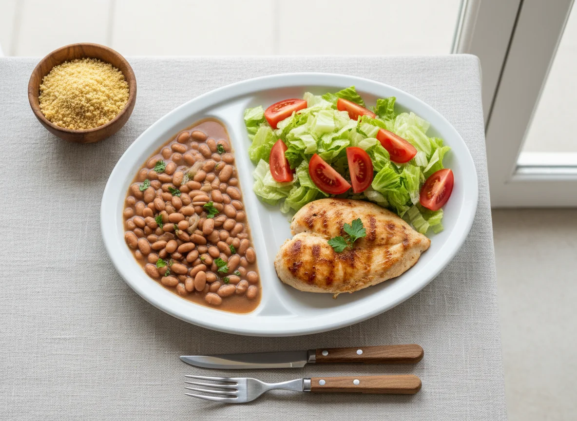 Prato feito com feijão, frango e salada photo