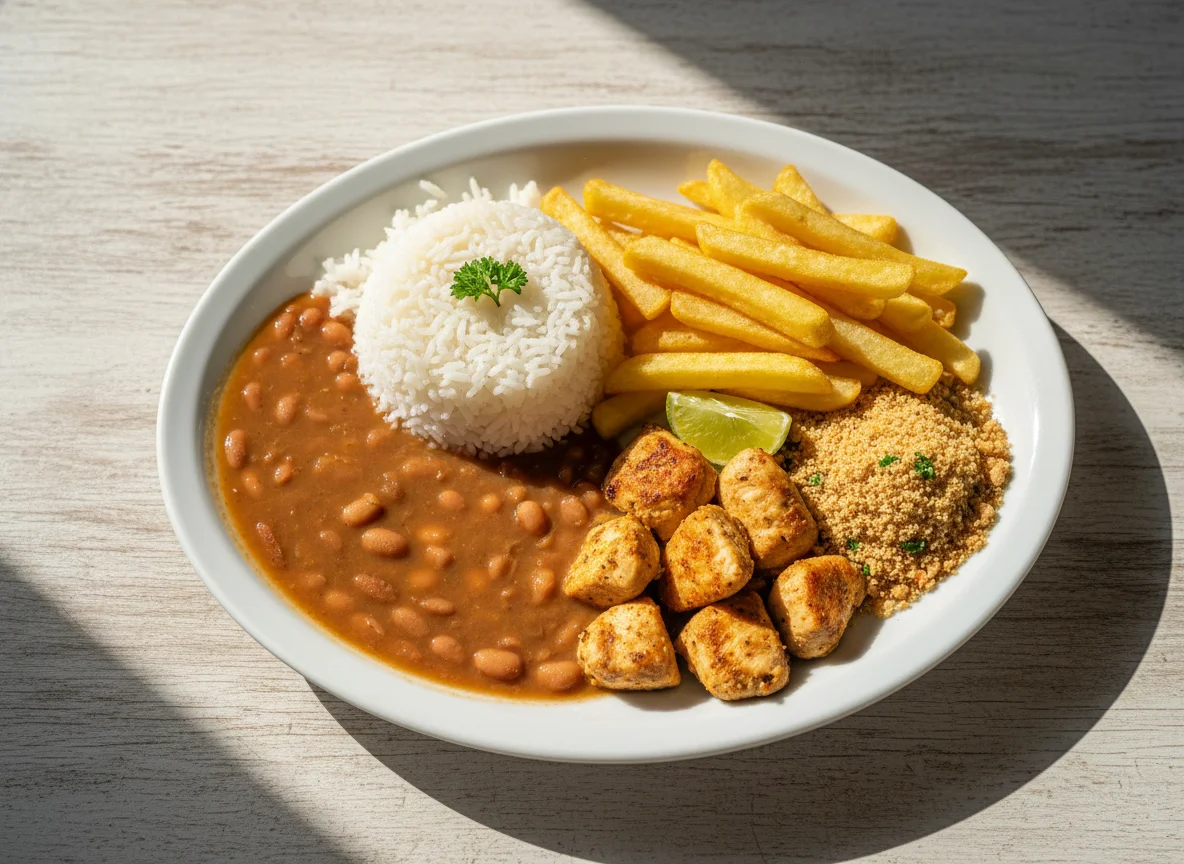 Prato feito com feijão, frango em cubos, batata frita e farofa photo