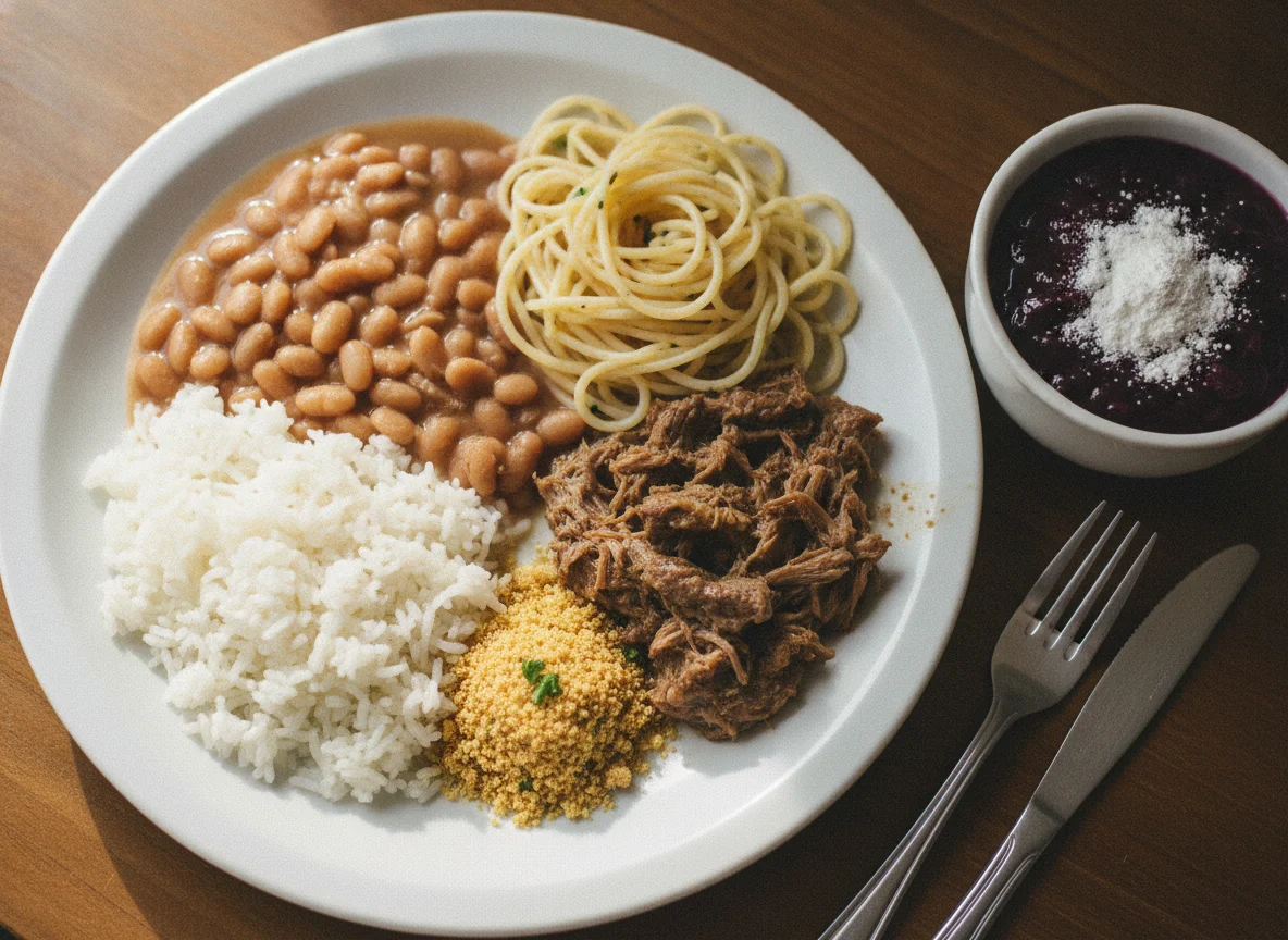 Prato feito com feijão, macarrão, carne e açaí photo
