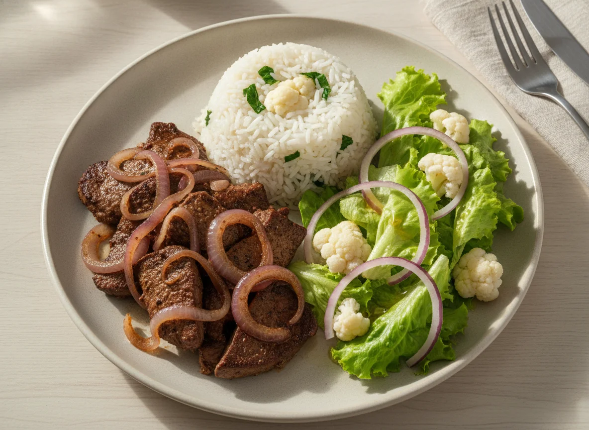 Prato feito com fígado acebolado, arroz e salada photo