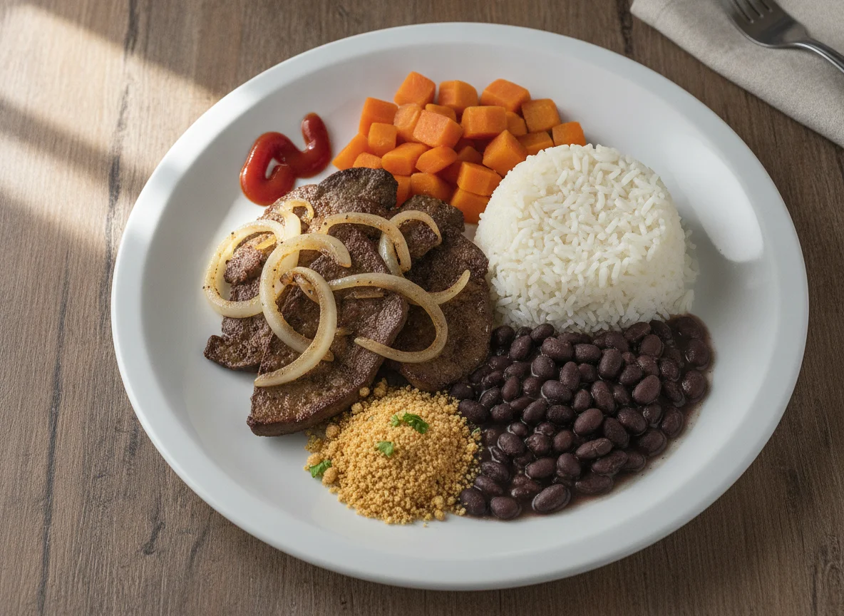 Prato feito com fígado acebolado, arroz, feijão e legumes photo