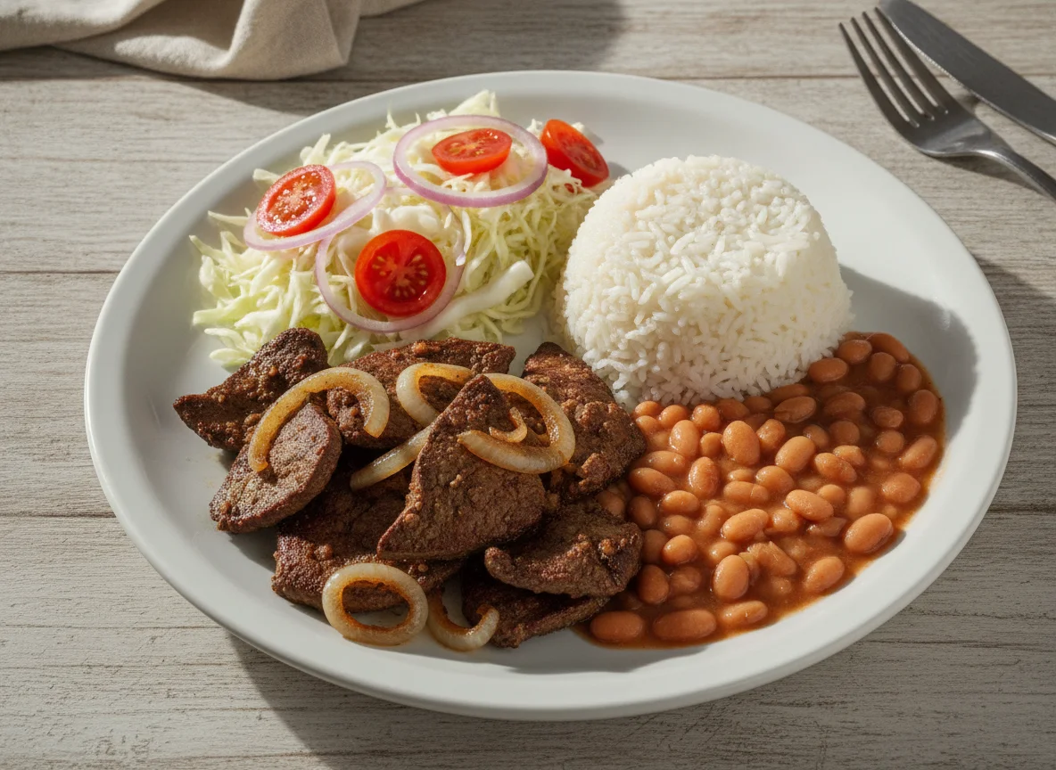 Prato feito com fígado acebolado, arroz, feijão e salada photo