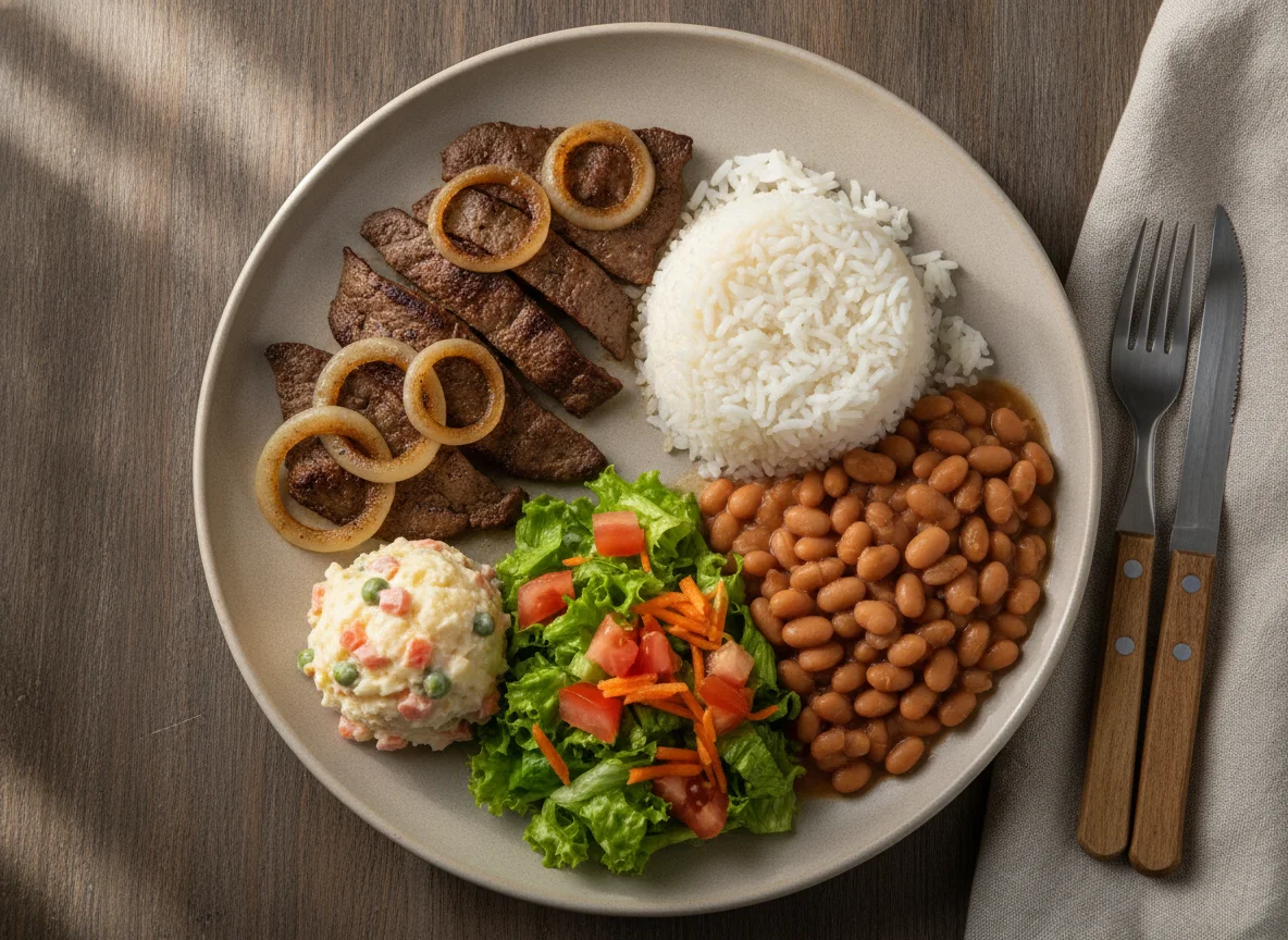 Prato feito com fígado acebolado, arroz, feijão e saladas photo