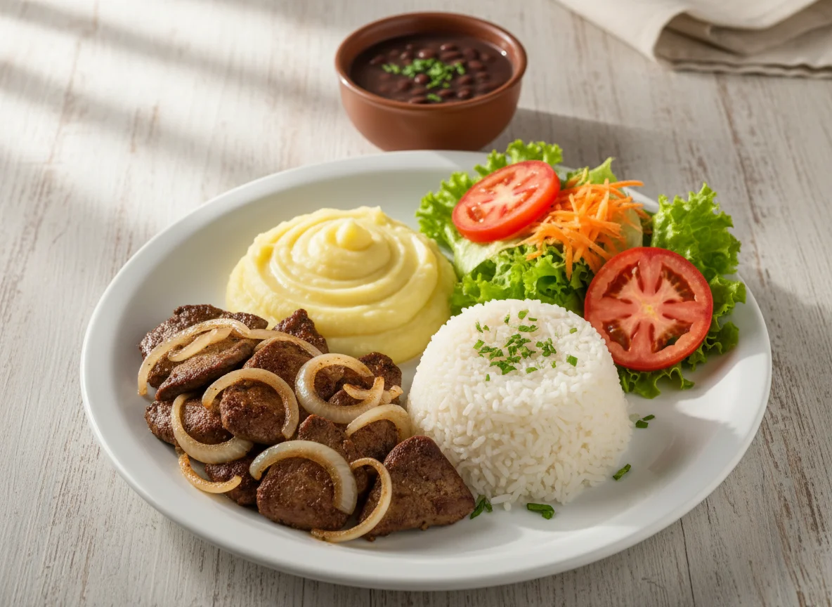 Prato feito com fígado acebolado, purê de batata, arroz e salada photo
