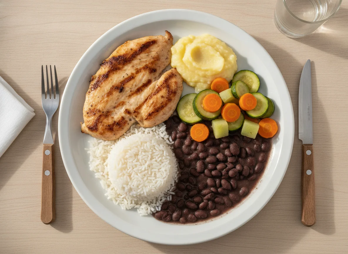 Prato feito com filé de frango, arroz, feijão preto e legumes photo