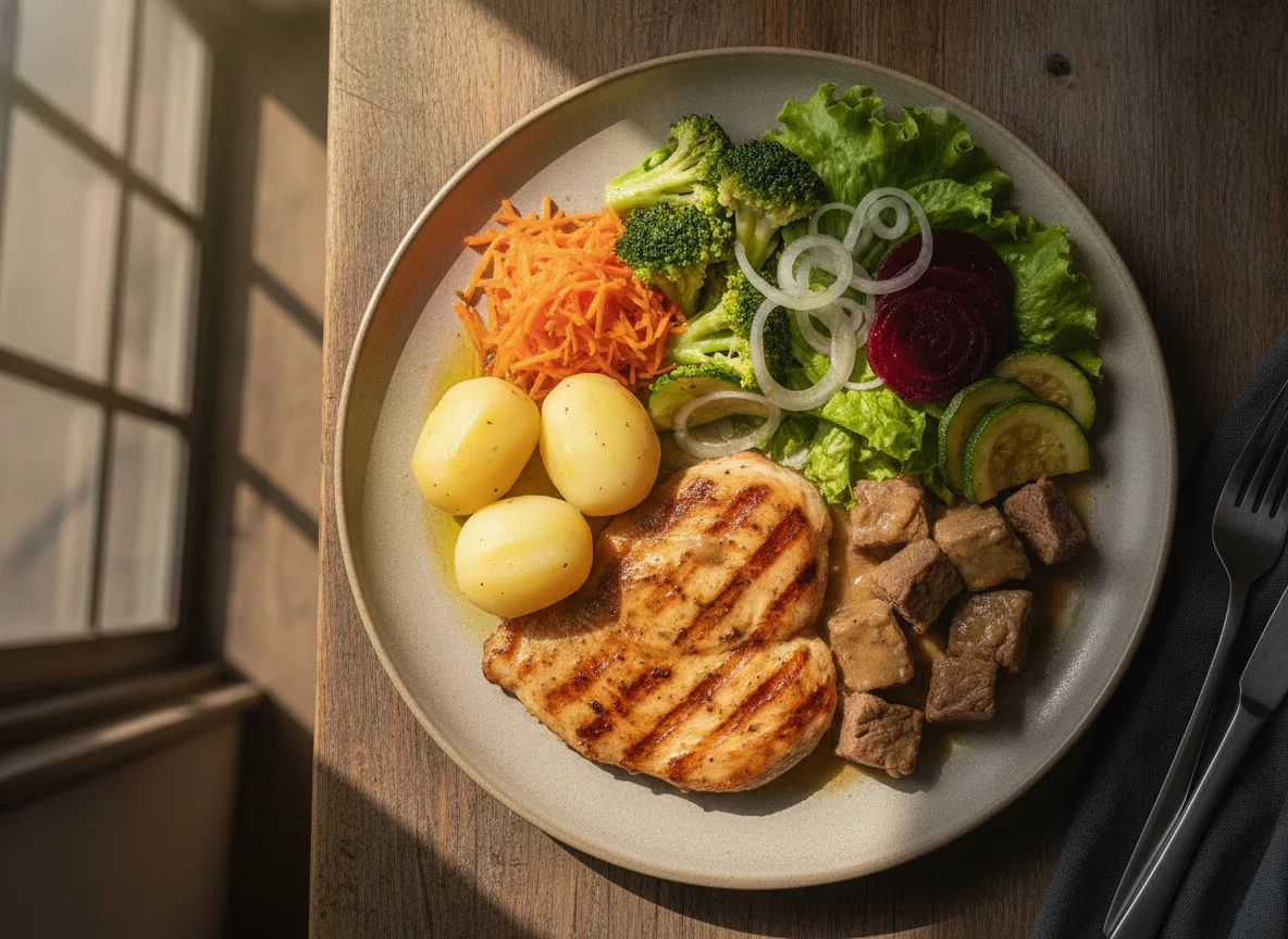 Prato Feito com Filé de Frango, Batatas e Salada photo