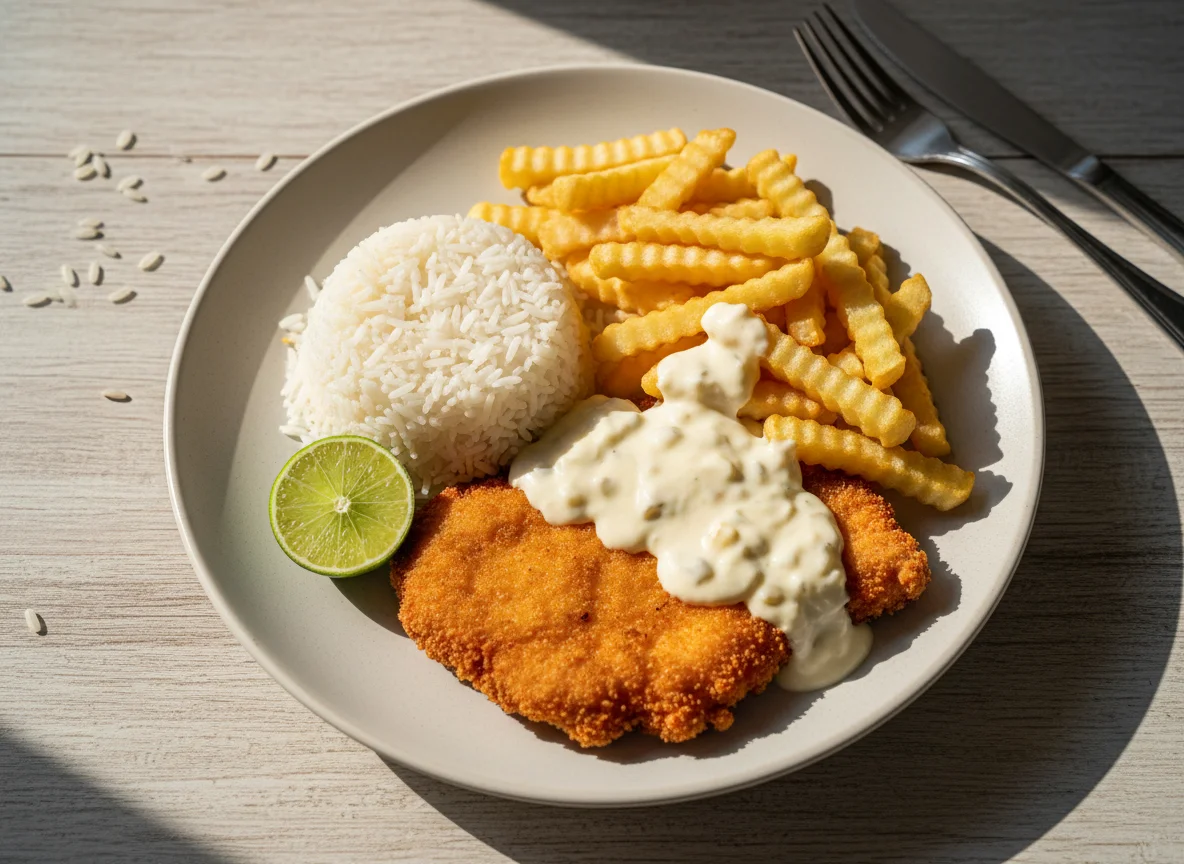 Prato feito com frango à milanesa, arroz, batata frita e molho photo