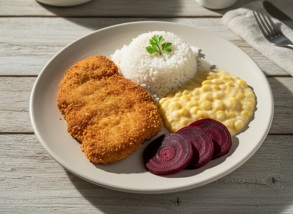 Prato feito com frango à milanesa, arroz, creme de milho e beterraba photo