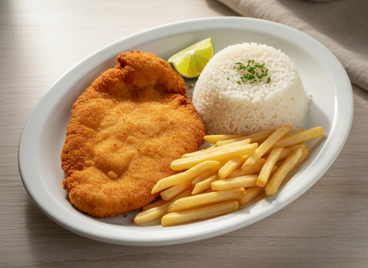 Prato feito com frango à milanesa, arroz e batata frita photo