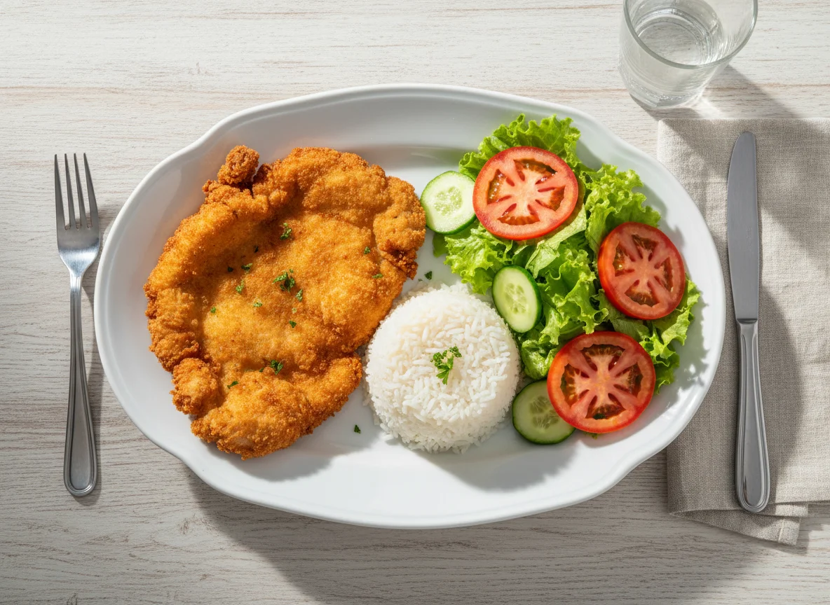 Prato feito com frango à milanesa, arroz e salada photo