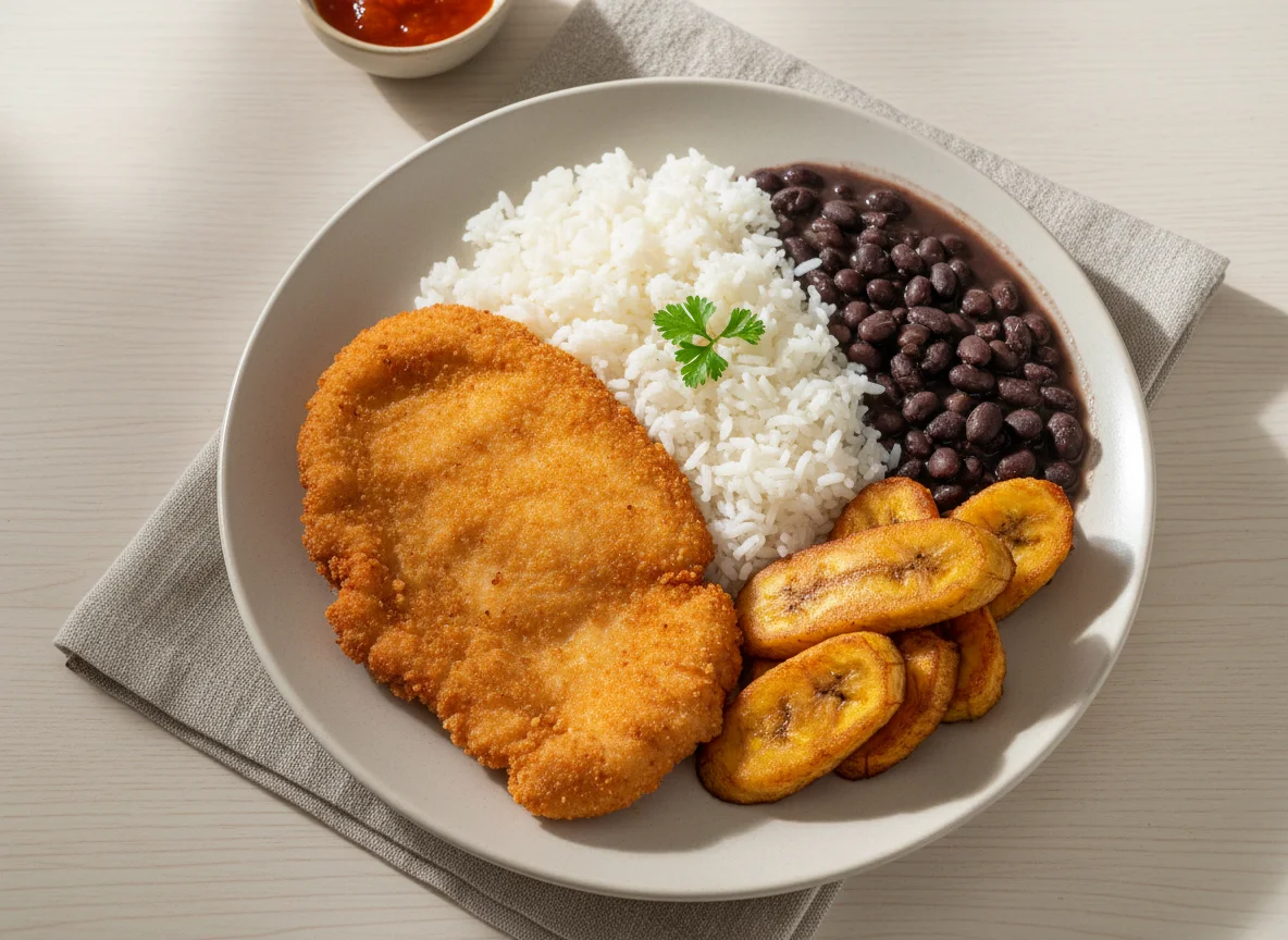 Prato feito com frango à milanesa, arroz, feijão e banana frita photo