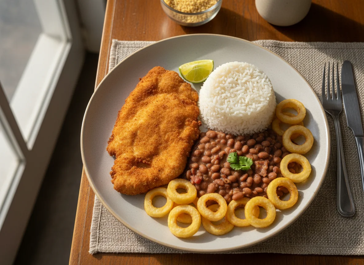 Prato feito com frango à milanesa, arroz, feijão e batata frita photo