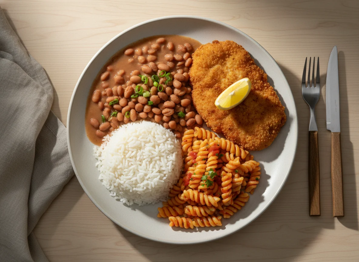 Prato feito com frango à milanesa, arroz, feijão e macarrão photo