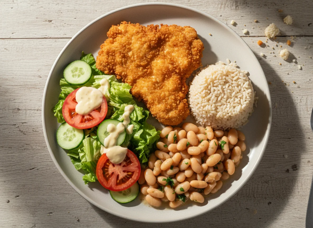 Prato feito com frango à milanesa, arroz, feijão e salada photo
