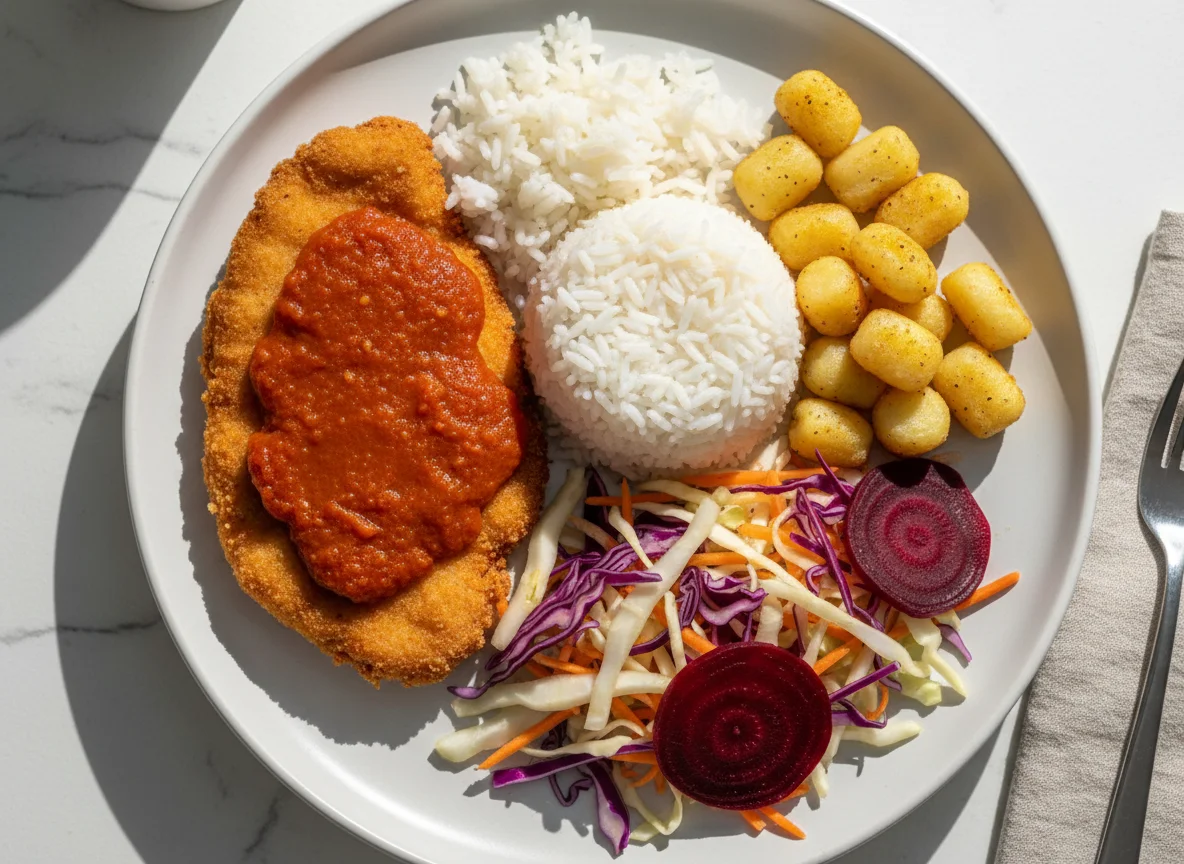 Prato feito com frango à milanesa, arroz, nhoque e salada photo