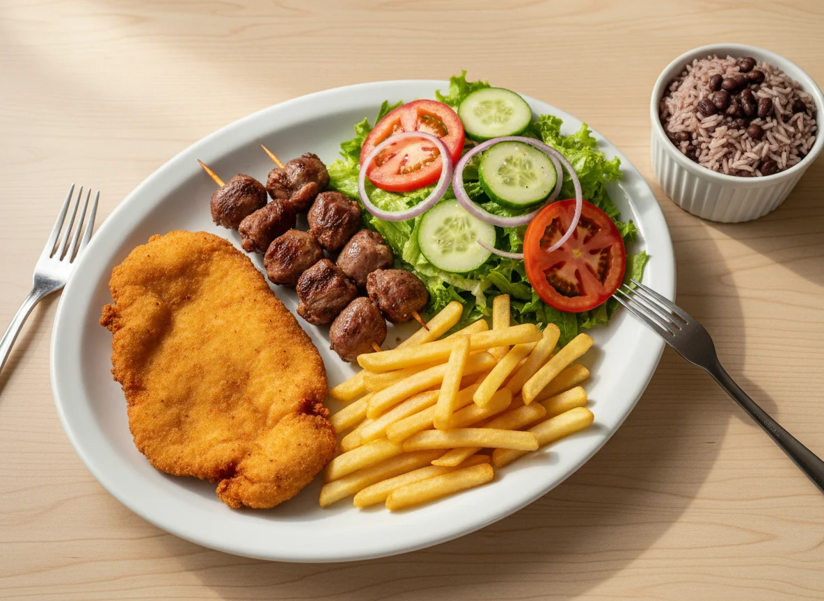 Prato feito com frango à milanesa, corações de frango, batata frita e salada photo