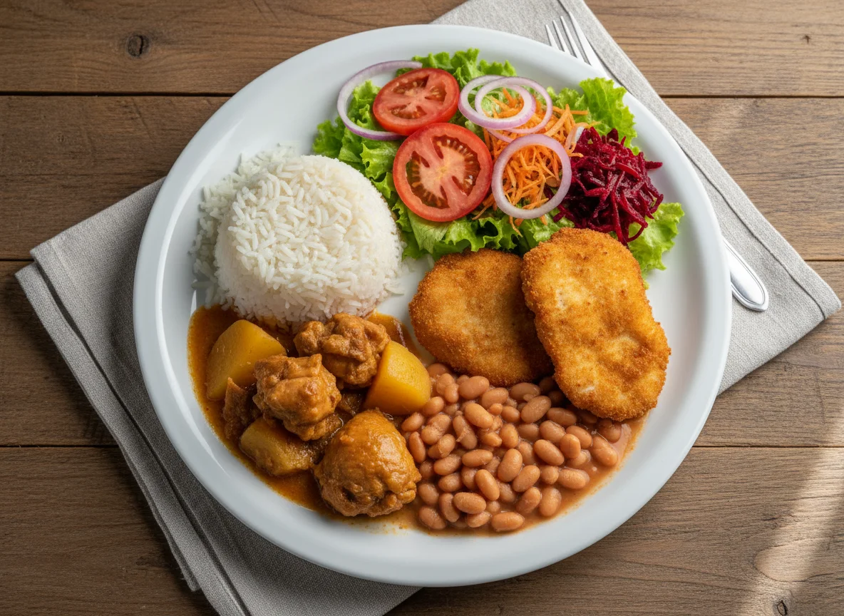 Prato feito com frango à milanesa e ensopado, arroz, feijão e salada photo