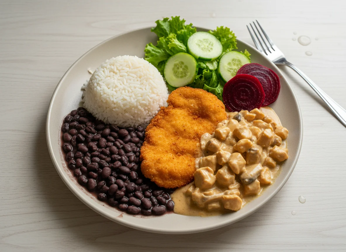 Prato feito com frango à milanesa e estrogonofe photo