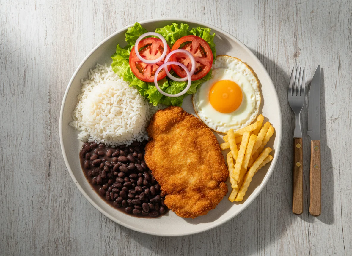 Prato feito com frango à milanesa e ovo frito photo