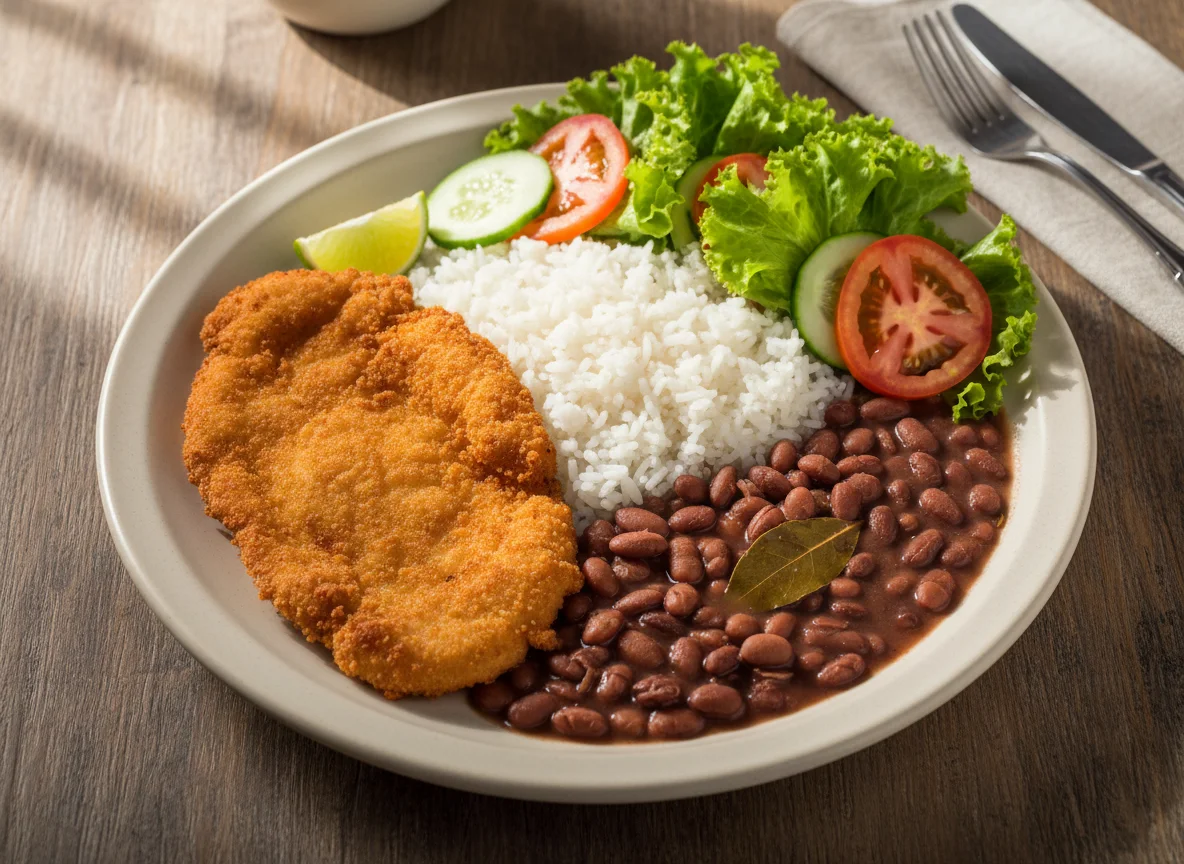 Prato feito com frango à milanesa, feijão, arroz e salada photo