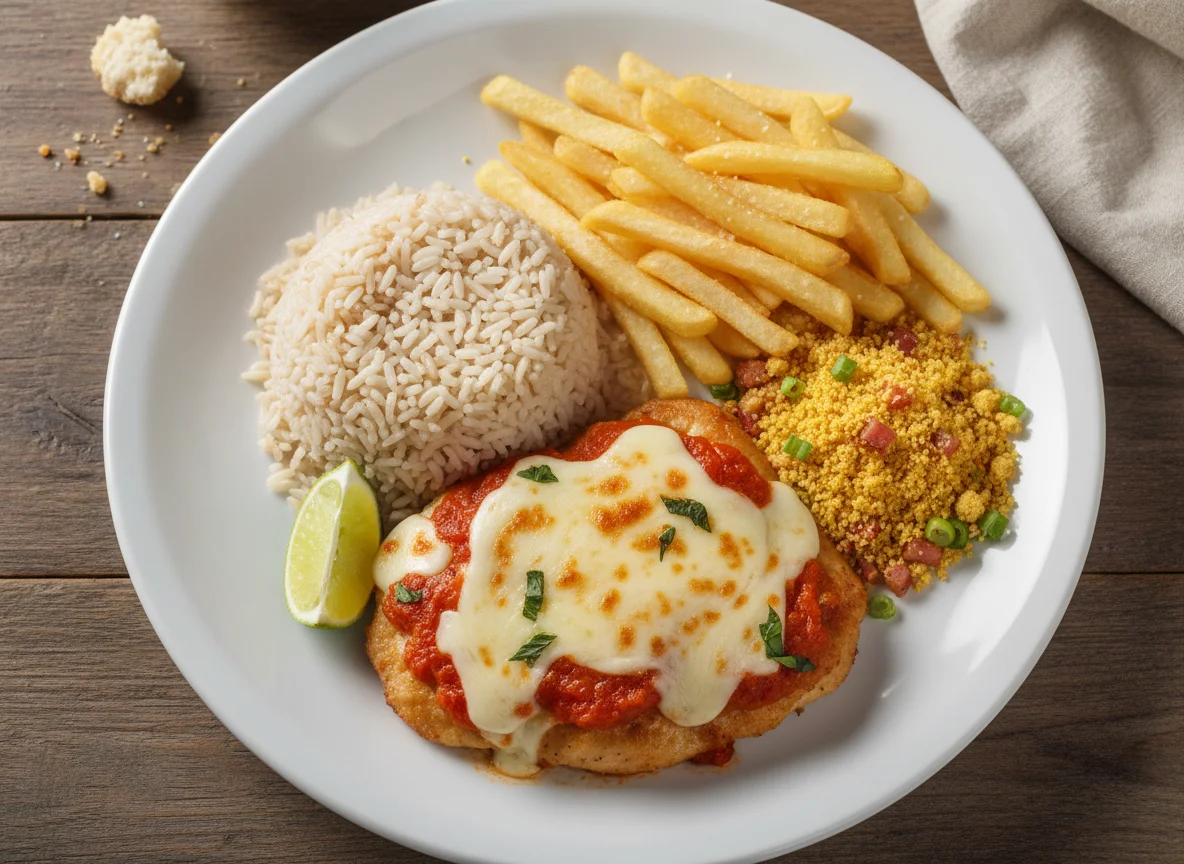 Prato feito com frango à parmegiana, arroz, batata frita e farofa photo