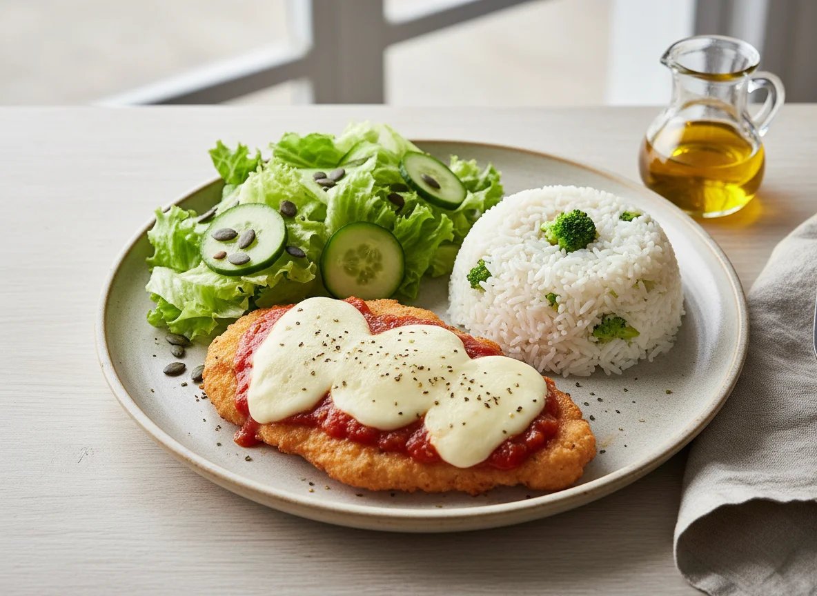 Prato feito com frango à parmegiana, arroz com brócolis e salada photo