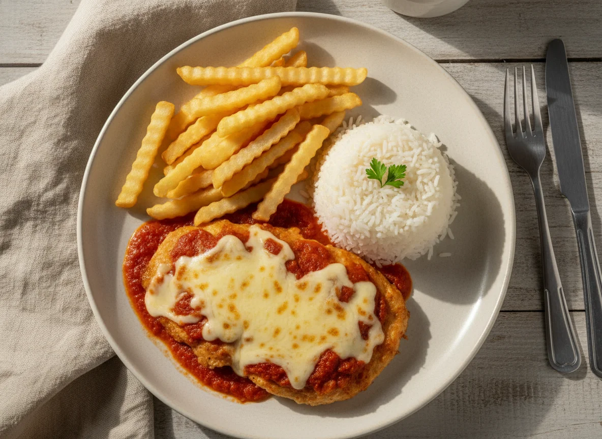 Prato feito com frango à parmegiana, arroz e batata frita photo
