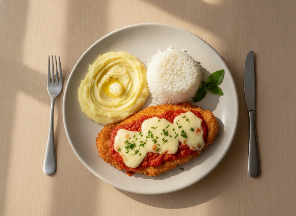 Prato feito com frango à parmegiana, arroz e purê de batata photo